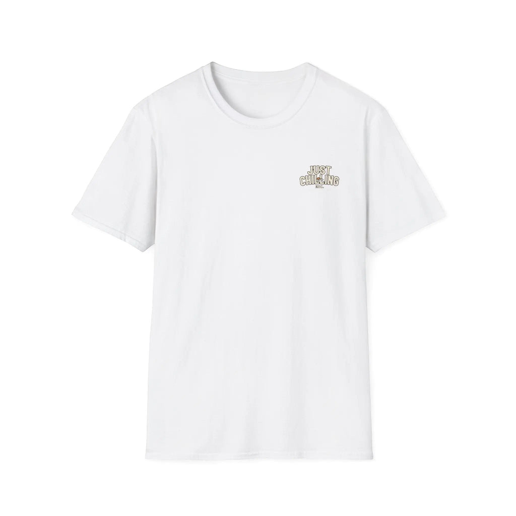 Just Chilling Shop white crewneck t-shirt with a small Just Chilling graphic on the chest, made of soft cotton.