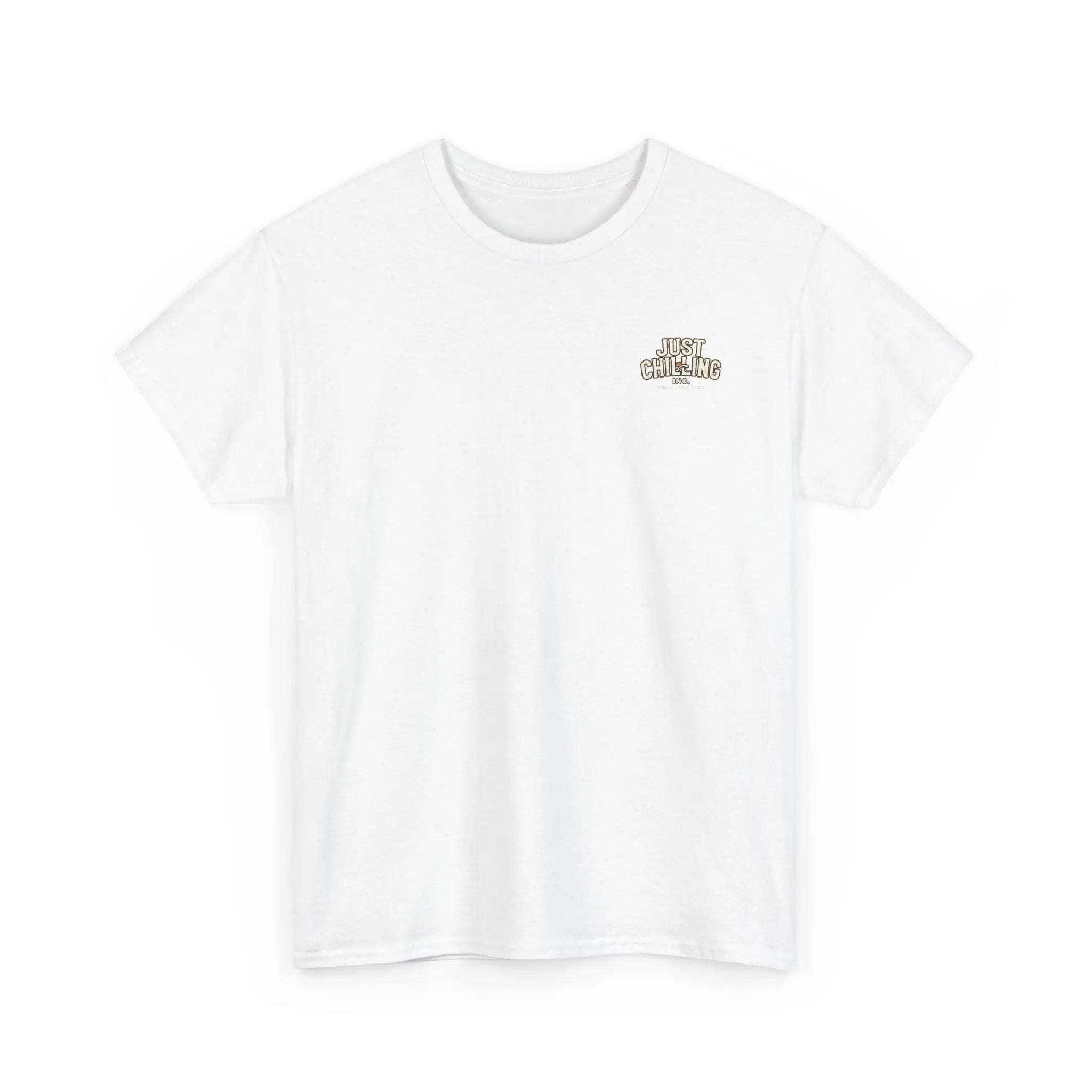 Just Chilling Shop white cotton crew neck t-shirt with small chest logo graphic