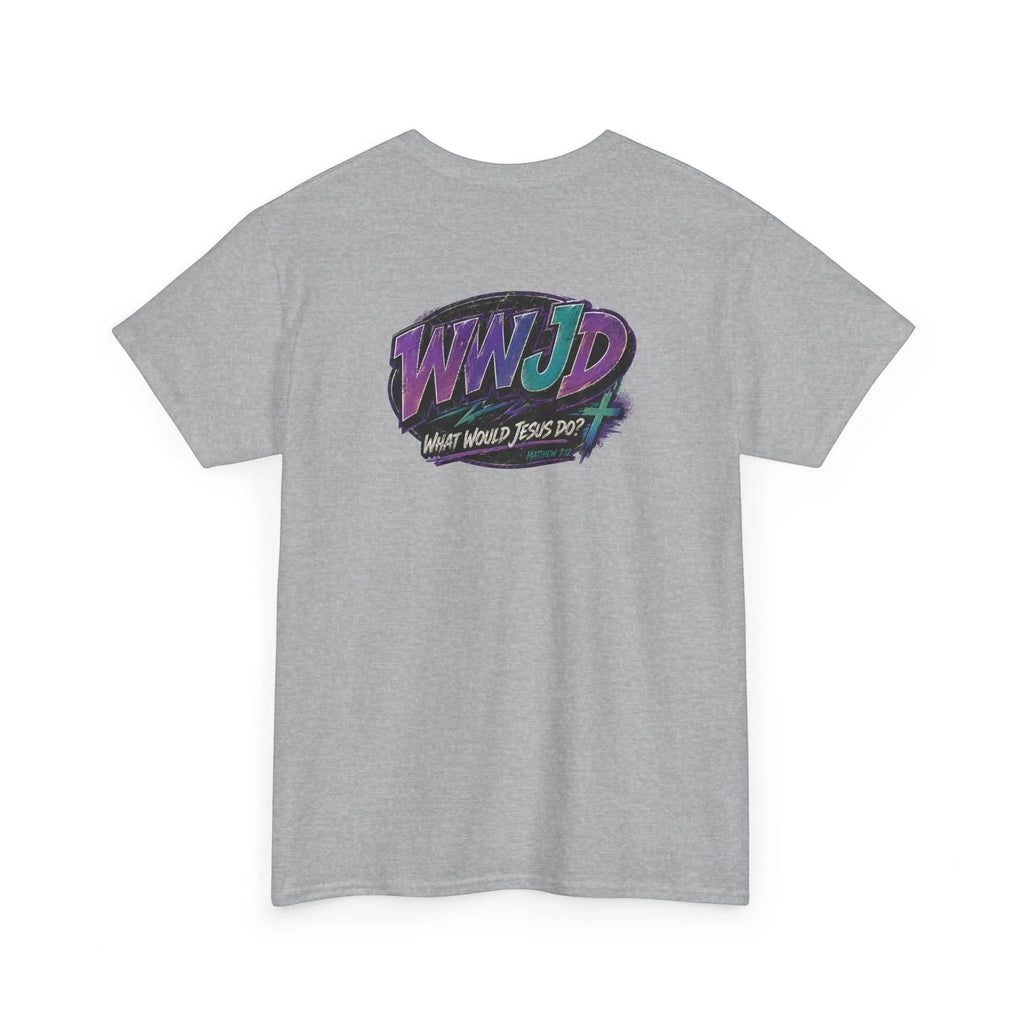 Camiseta gris de algodón Just Chilling Shop con gráfico retro 90s WWJD en la espalda en púrpura y turquesa.