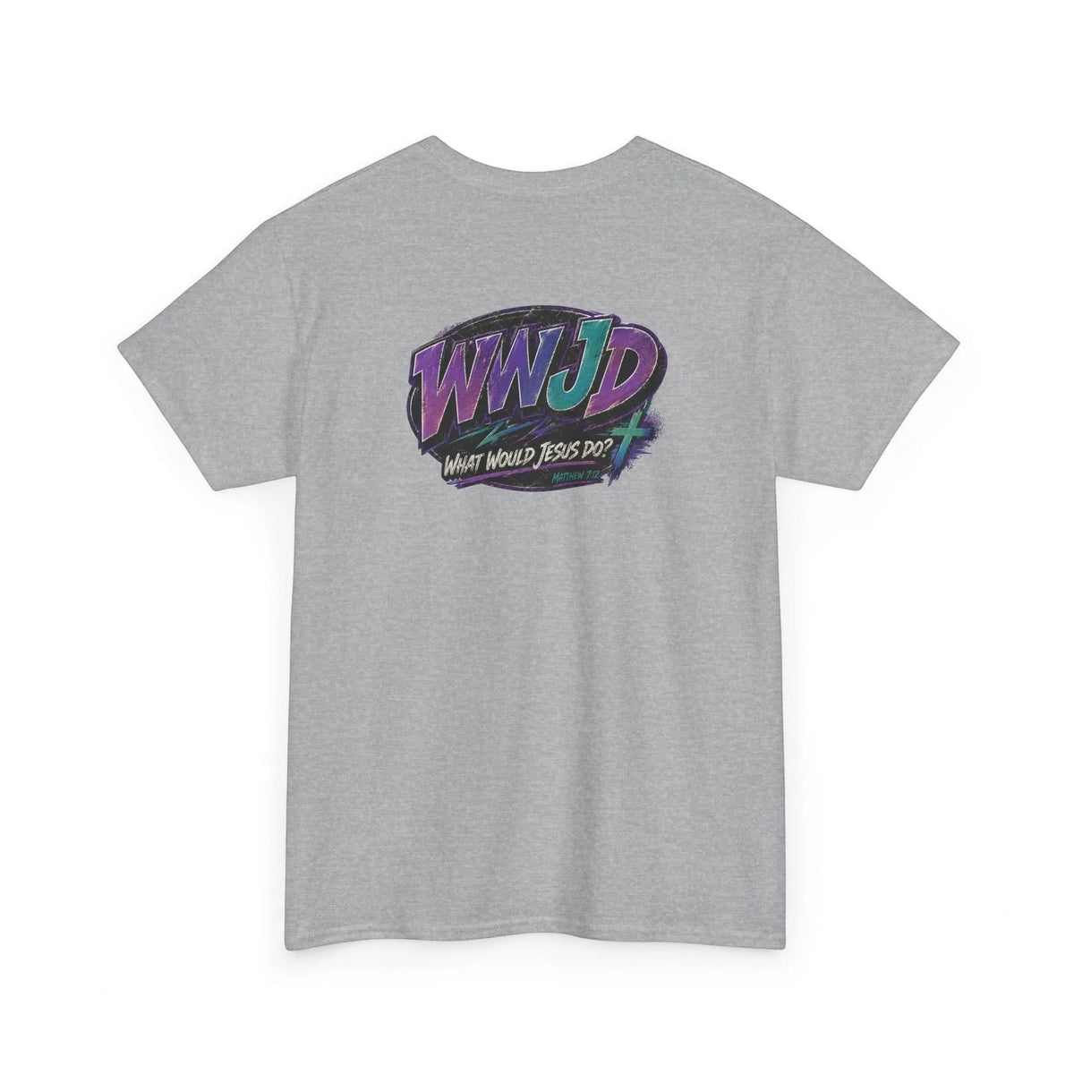 Camiseta gris de algodón Just Chilling Shop con gráfico retro 90s WWJD en la espalda en púrpura y turquesa.