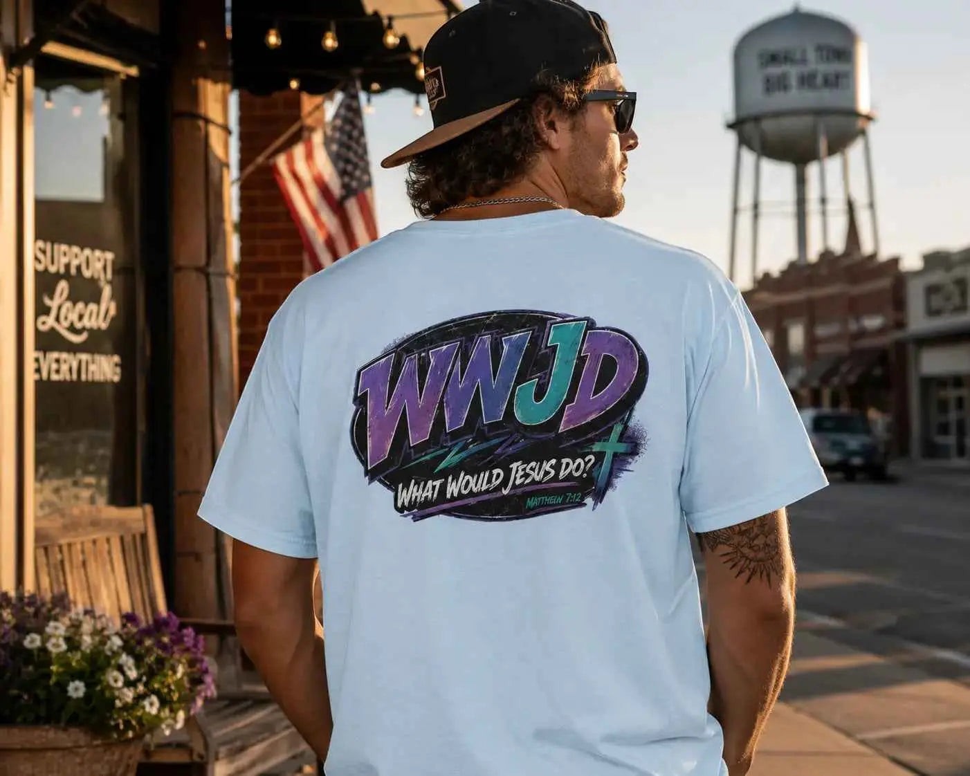 Man wearing a Just Chilling Shop light blue cotton t-shirt with a retro 90s style WWJD graphic on the back