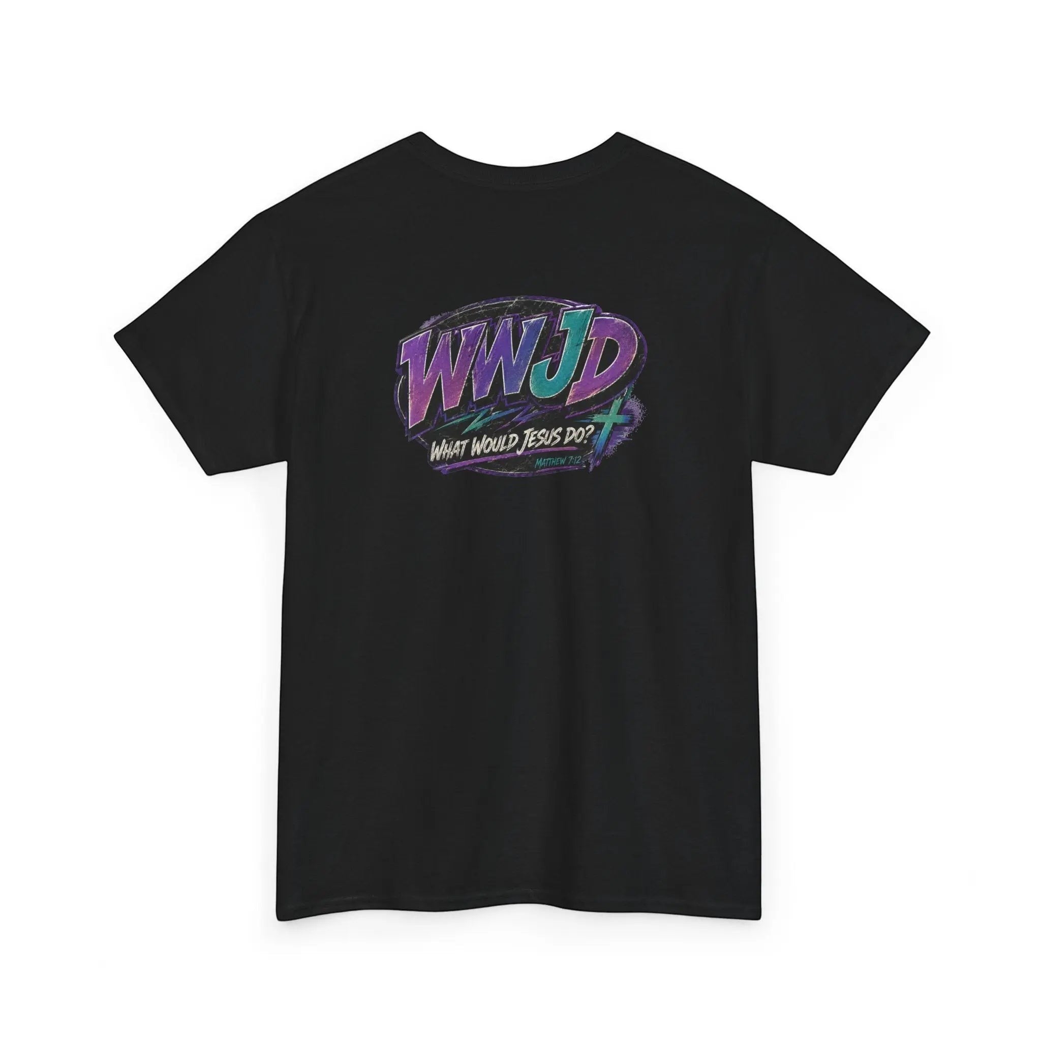 Just Chilling Shop black cotton t-shirt featuring a retro 90s style WWJD graphic in purple and teal on the back.