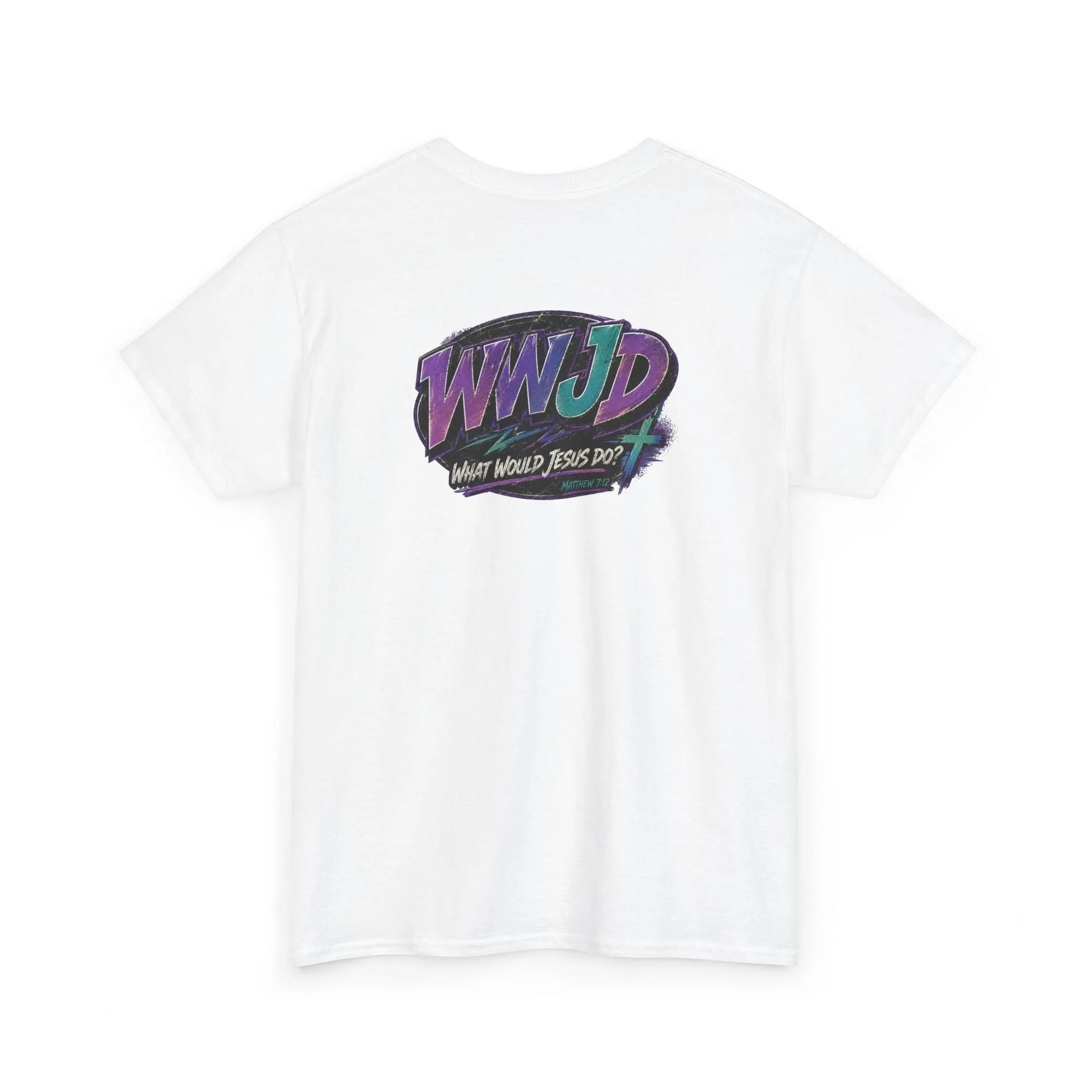Just Chilling Shop white cotton t-shirt with a retro 90s style WWJD graphic on the back in purple and teal