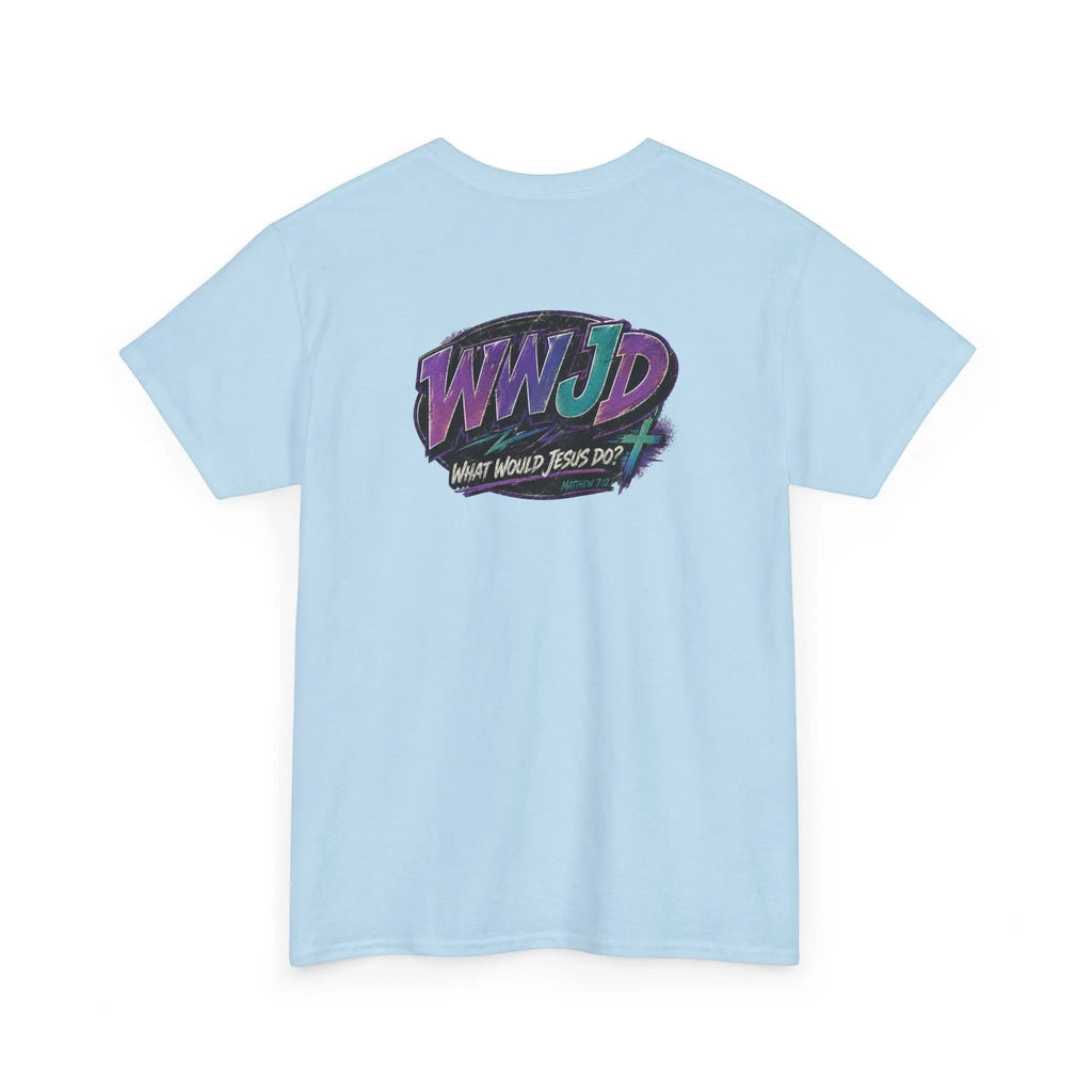 Camiseta azul claro de algodón Just Chilling Shop con gráfico retro 90s WWJD en la espalda en púrpura y turquesa.