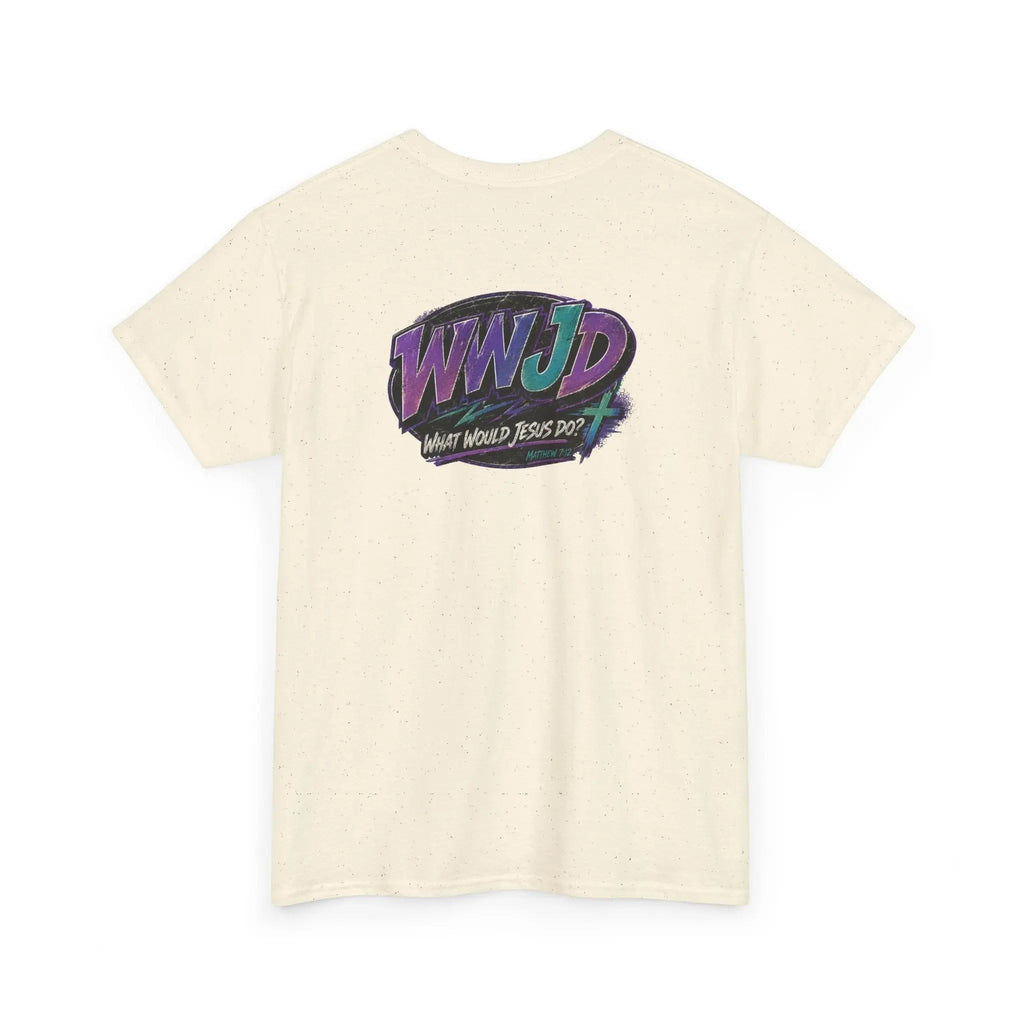Camiseta crema de algodón Just Chilling Shop con gráfico retro 90s WWJD en púrpura y turquesa en la espalda.