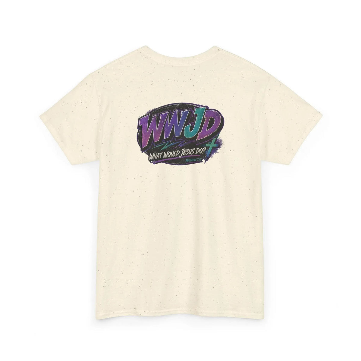 Camiseta crema de algodón Just Chilling Shop con gráfico retro 90s WWJD en púrpura y turquesa en la espalda.