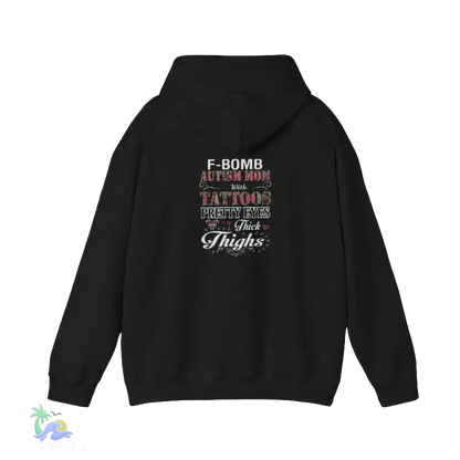A black hooded sweatshirt with text printed on the back.