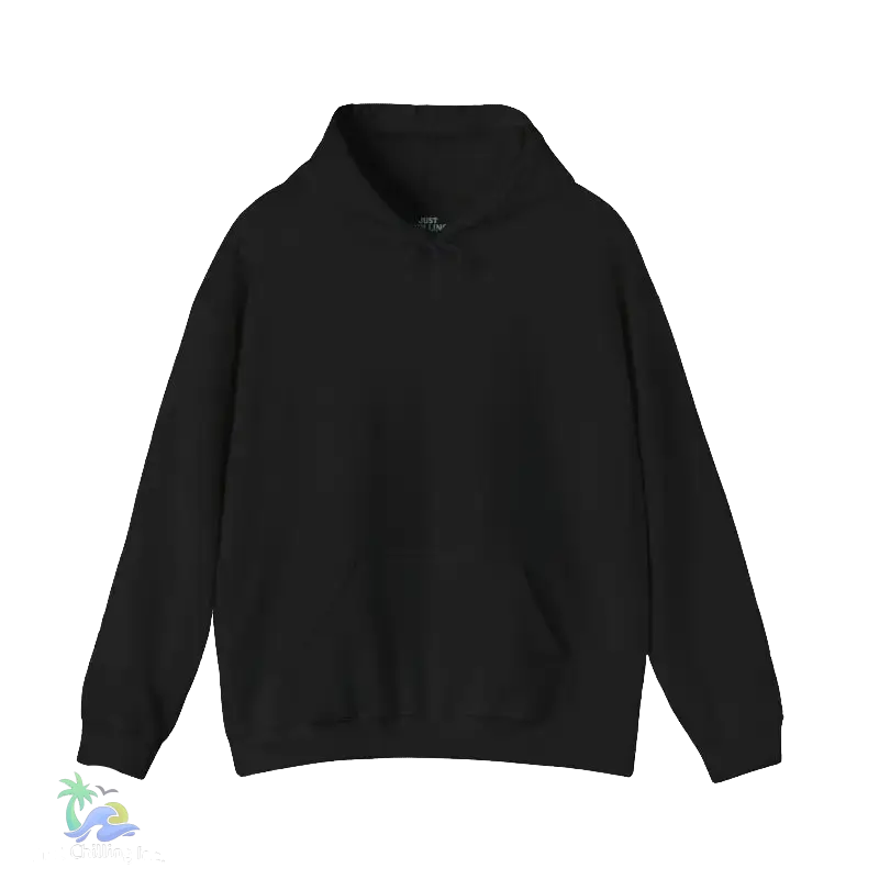 A black hoodie is shown against a black background.