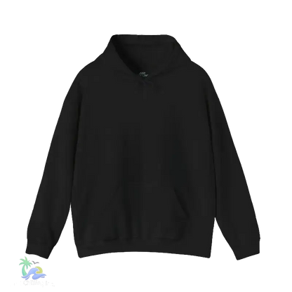 A black hoodie is shown against a black background.