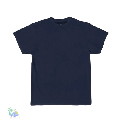 A navy blue t-shirt is shown against a black background.