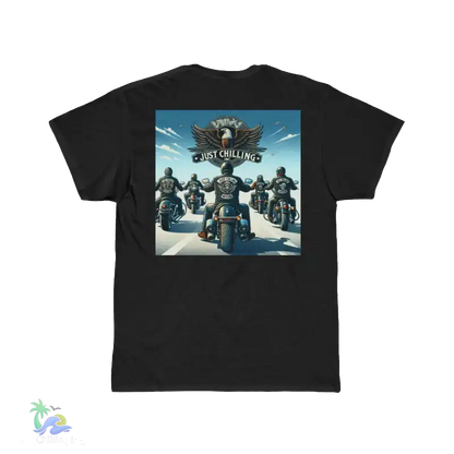 A group of motorcyclists riding together on a road, with a large eagle-like symbol above them.