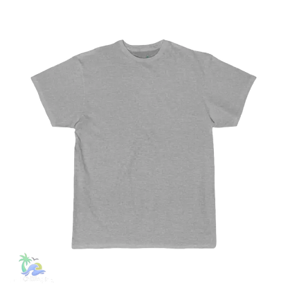 A plain, gray t-shirt is shown against a black background.