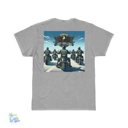 A group of motorcyclists riding together, with a large eagle logo in the background.