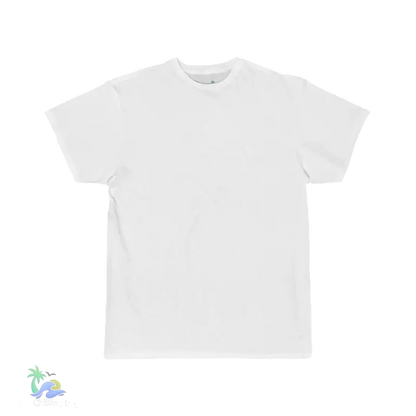 A plain white t-shirt against a black background.