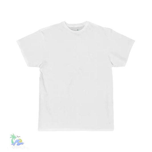 A plain white t-shirt against a black background.