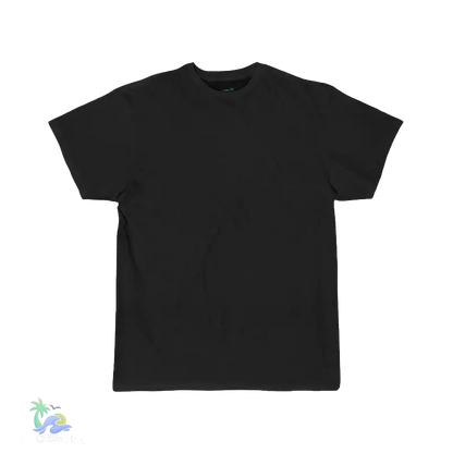 A plain black t-shirt against a black background.