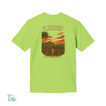 A bright yellow t-shirt with a graphic design depicting a sunset scene with palm trees and a camper van.
