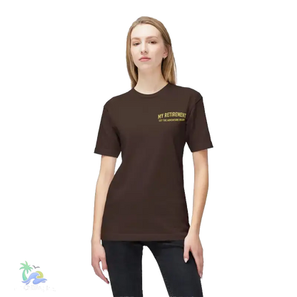 A woman wearing a brown t-shirt with the text "MY RETIREMENT" printed on it.