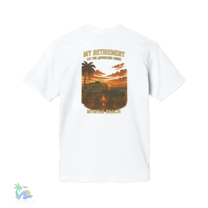 A white t-shirt with a graphic design depicting a sunset scene with palm trees and a building.