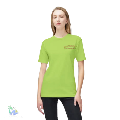 A woman wearing a lime green t-shirt with text on it, standing against a black background.