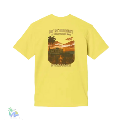 A yellow t-shirt with a graphic design depicting a sunset scene with palm trees and a vehicle, along with the text "MY RETIREMENT" and "MY ADVENTURE BEGINS" printed on it.