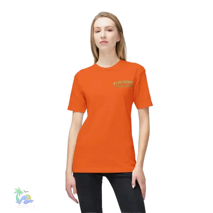 A woman wearing an orange t-shirt with the text "My Retirement" printed on it.