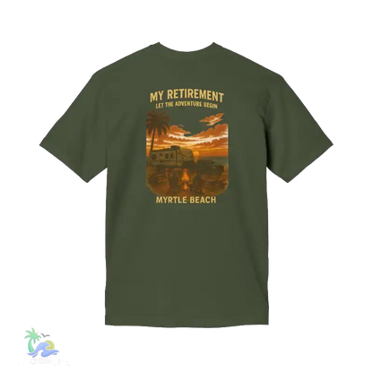 A green t-shirt with a graphic design depicting a beach scene with palm trees, a sunset, and a vehicle. The text on the t-shirt reads "MY RETIREMENT" and "LET THE ADVENTURES BEGIN MYRTLE BEACH".