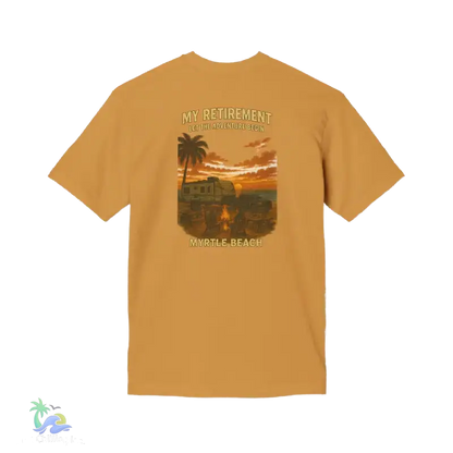 The image is a t-shirt with a graphic design depicting a beach scene at sunset, featuring a palm tree, a car, and a house.