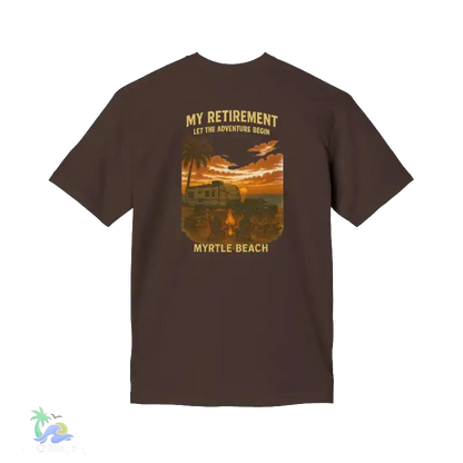 The image is a t-shirt design featuring a beach scene with palm trees, a sunset, and a camper van.