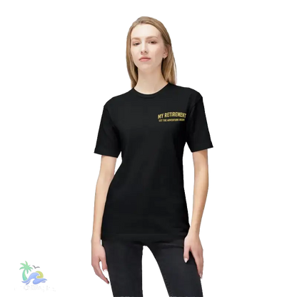 A woman wearing a black t-shirt with the text "MY RETIREMENT" printed on it.