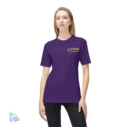 A woman wearing a purple t-shirt with the text "MY RETIREMENT" printed on it.