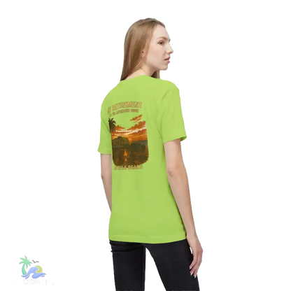 A woman wearing a lime green t-shirt with a graphic design on the back.