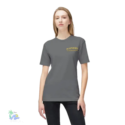 A woman wearing a grey t-shirt with the text "MY RETIREMENT" printed on it.
