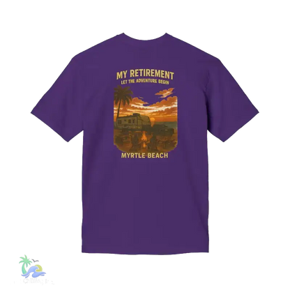 A purple t-shirt with a graphic design depicting a beach scene at sunset, featuring palm trees, a car, and a person.