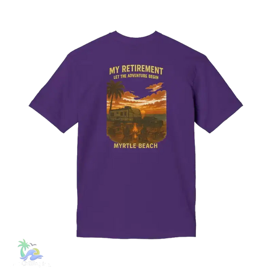 A purple t-shirt with a graphic design depicting a beach scene at sunset, featuring palm trees, a car, and a person.