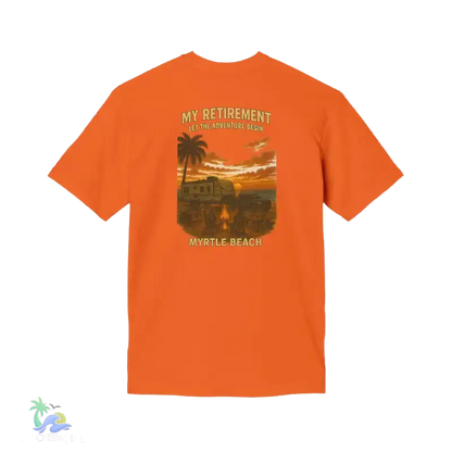 The image is an orange t-shirt with a graphic design depicting a beach scene with palm trees, a sunset, and a vehicle.