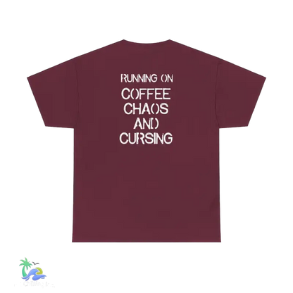 Unisex Heavy Cotton Tee running on coffee chaos and curses - Maroon / S - T-Shirt