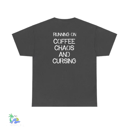Unisex Heavy Cotton Tee running on coffee chaos and curses - Dark Heather / S - T-Shirt