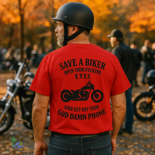 Save a Biker Tee – “Open Your Eyes” Motorcycle Safety T Shirt | Just Chilling Inc. T Shirt