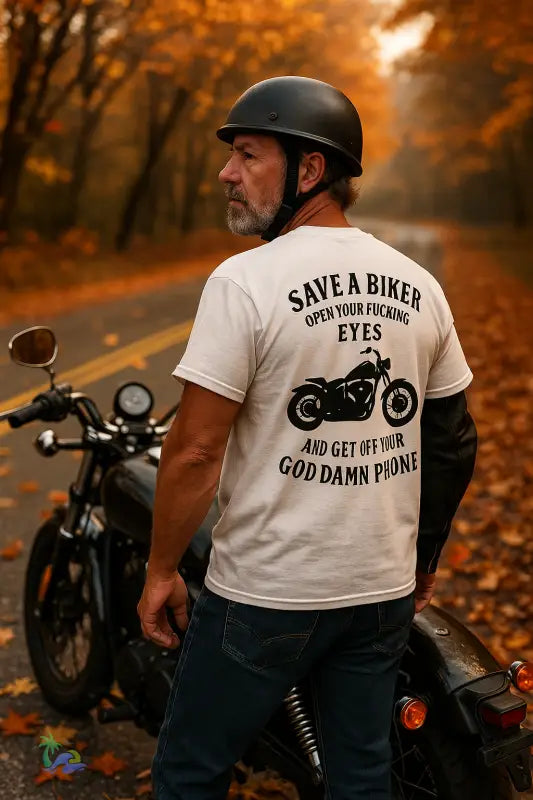 Save a Biker Tee – “Open Your Eyes” Motorcycle Safety T Shirt | Just Chilling Inc. T Shirt