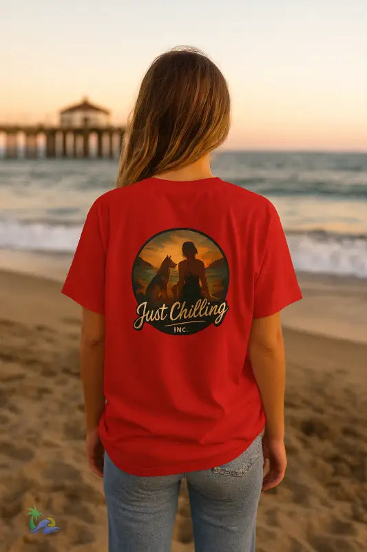 Sunset Vibes – Local Girl & Dog Graphic Tee | Unisex Heavy Cotton T Shirt by Just Chilling Inc. T Shirt
