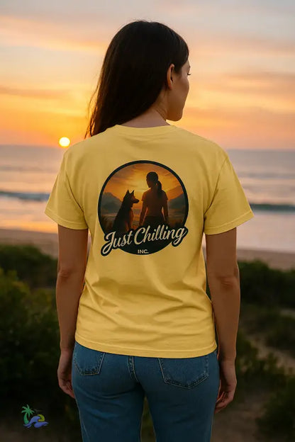 Sunset Vibes – Local Girl & Dog Graphic Tee | Unisex Heavy Cotton T Shirt by Just Chilling Inc. T Shirt