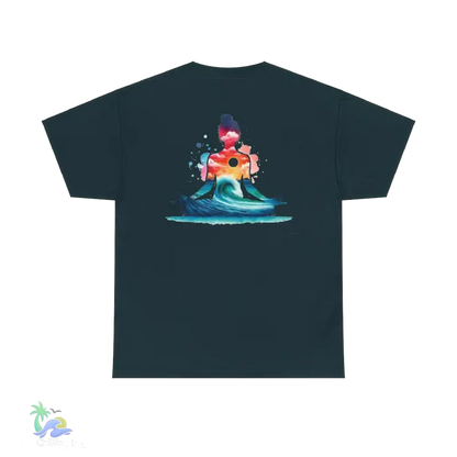 a black t - shirt with an image of a surfer riding a wave