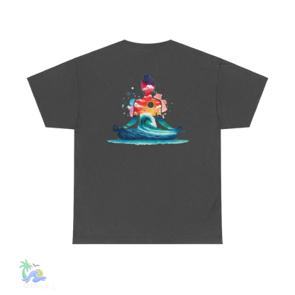 a grey t - shirt with an image of a surfer riding a wave