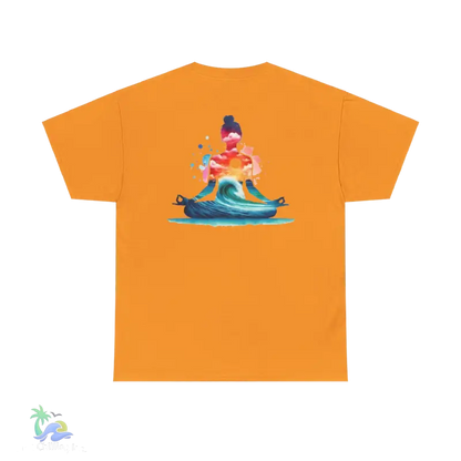 an orange t - shirt with an image of a person sitting on a surfboard