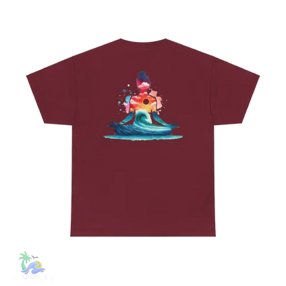 a red t - shirt with an image of a surfer riding a wave