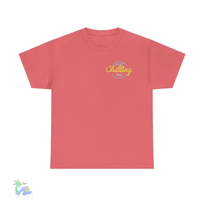 a pink t - shirt with a yellow and yellow logo