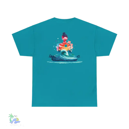 a blue t - shirt with an image of a man on a surfboard