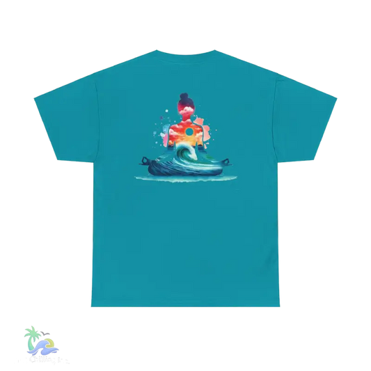 a blue t - shirt with an image of a man on a surfboard