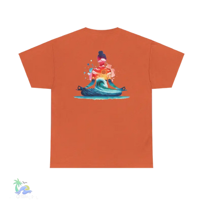 an orange t - shirt with an image of a man on a surfboard